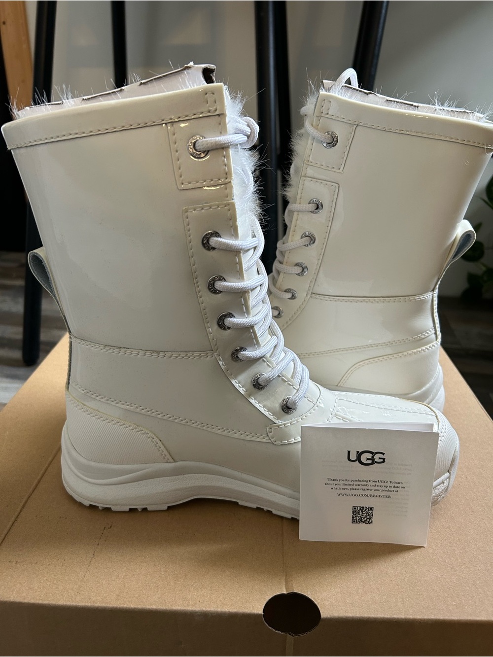 UGG Adirondack Patent White Lace-Up Fur-Trim Combat Boots